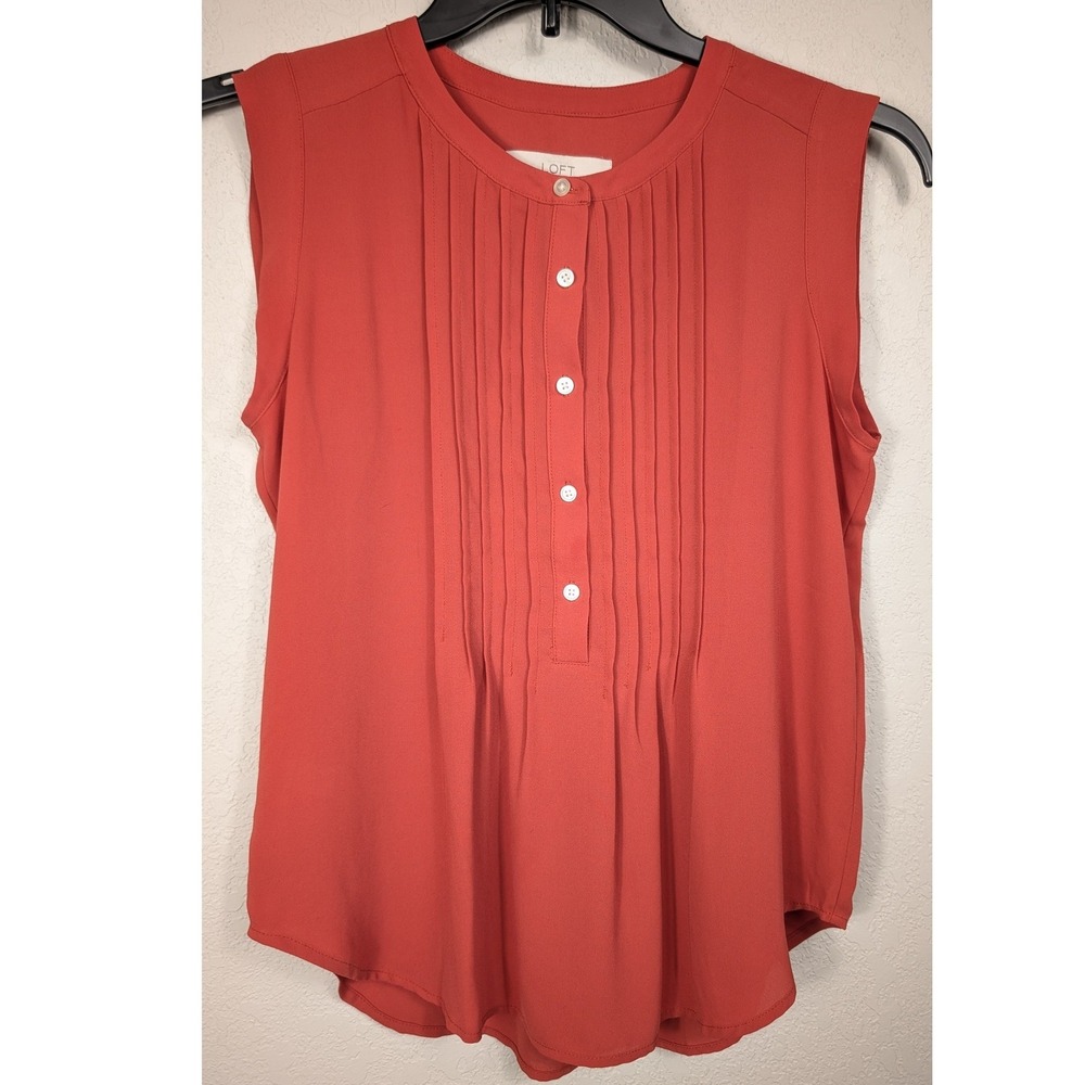 LOFT Pintuck‎ Pleated Blouse Womens Small Burnt Orange Sleeveless Lightweight